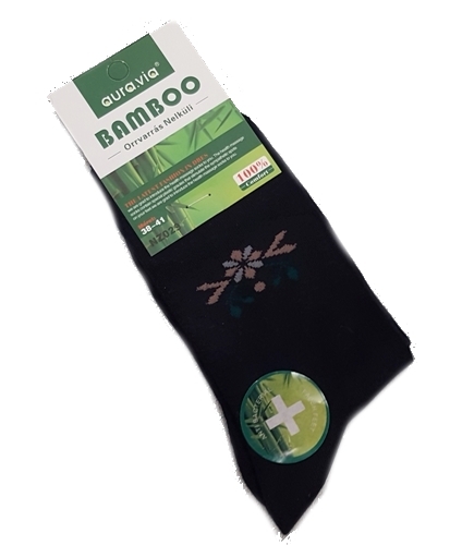 Damen Socken aus Bambus, Farbe navy, Blümchen ocker,  Gr.35/38, 38/41