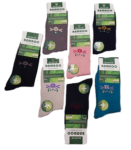 Damen Socken aus Bambus, Farbe navy, Blümchen ocker,  Gr.35/38, 38/41