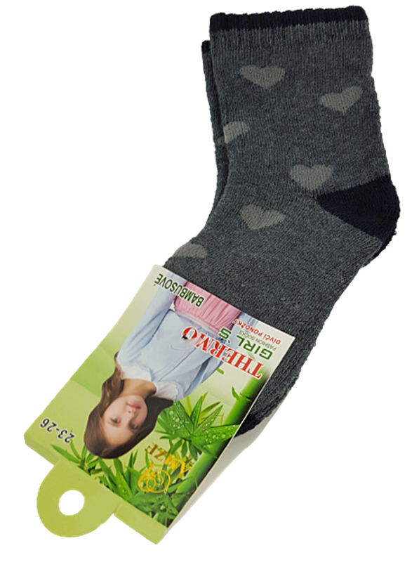 Viskose (Bambus) Kinder Socken mit Baumwolle, Gr.35/38, anthrazit Herzchen-grau